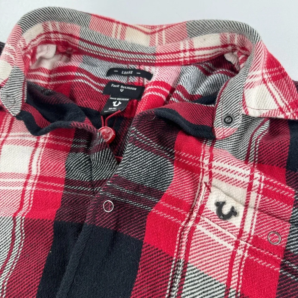True‎ Religion Shirt Red Black Plaid Long Sleeve MENS Loose Fit Cotton Twill MED